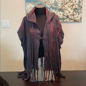 Roxy Grey and Red Tassel Poncho
